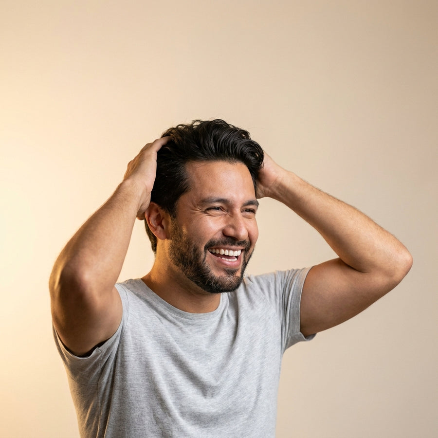 Hombre feliz con cabello denso y sano