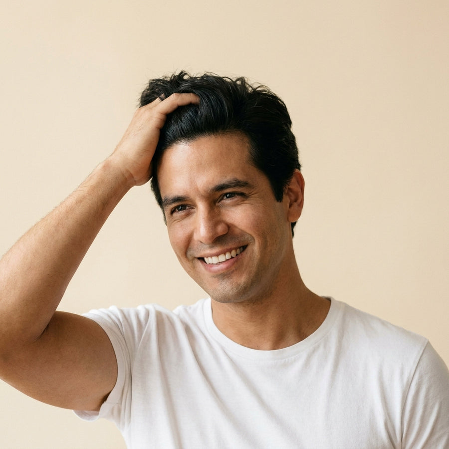 Hombre feliz tocándose el cabello